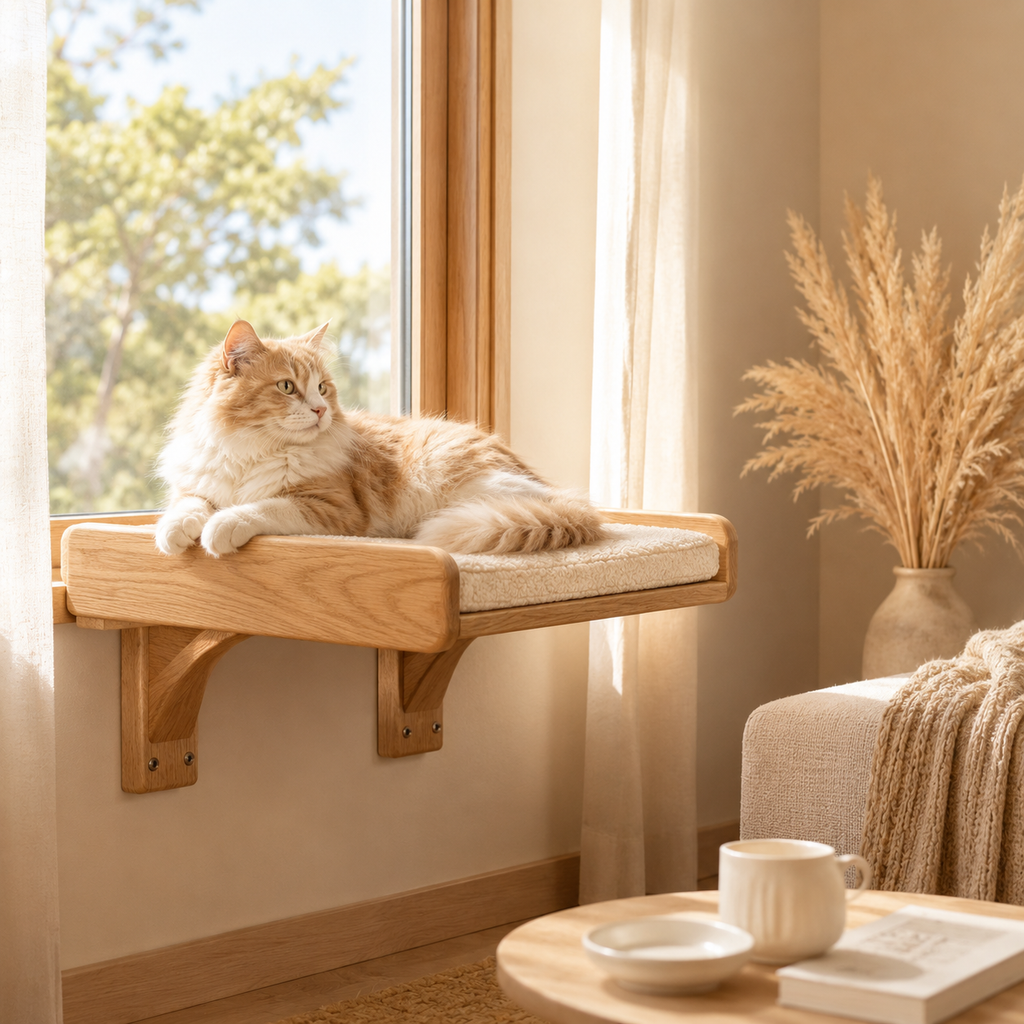 Wooden Cat Window Perch with Cushion